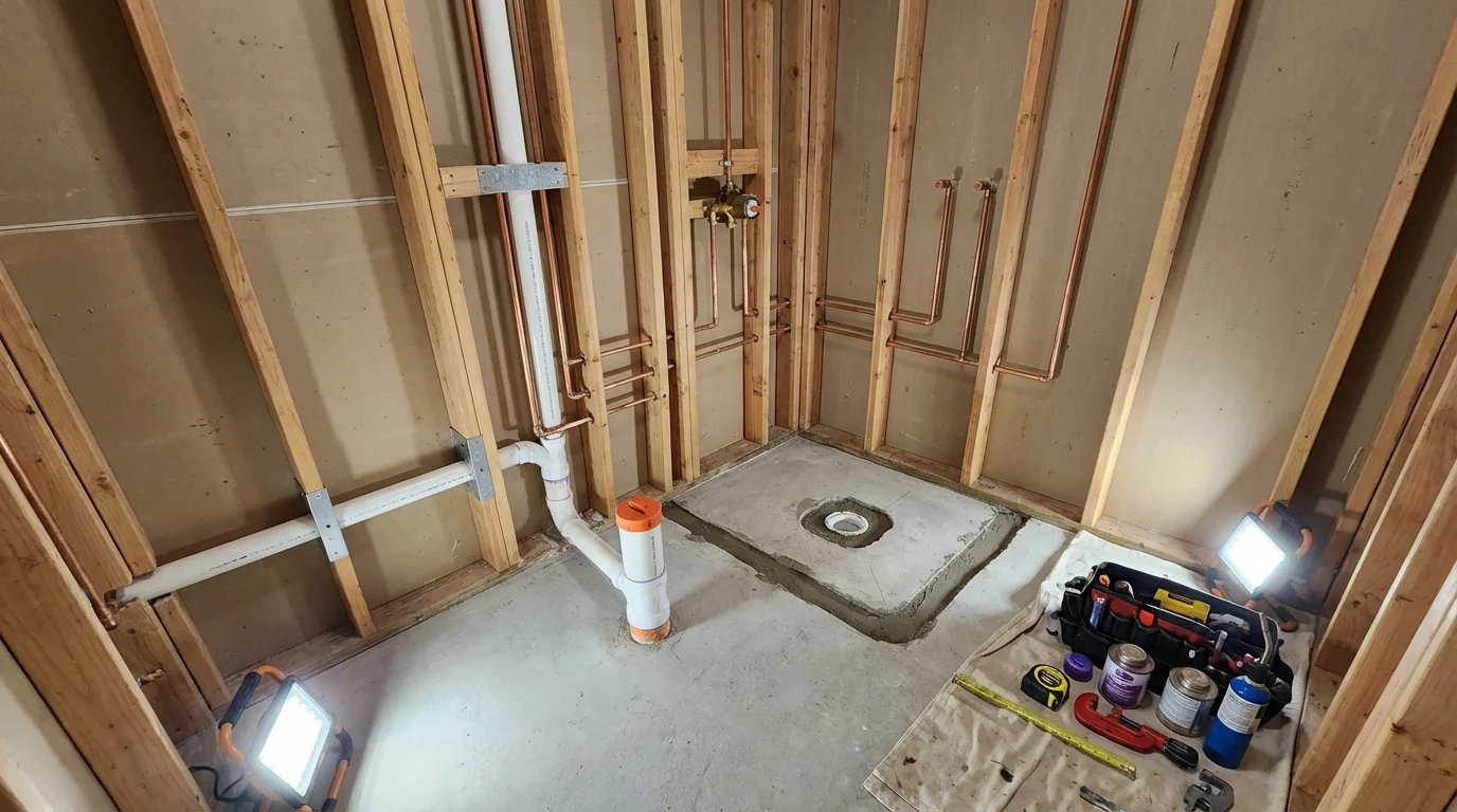 Bathroom rough-in plumbing during remodel by Johns Plumbing LLC in Kewanee