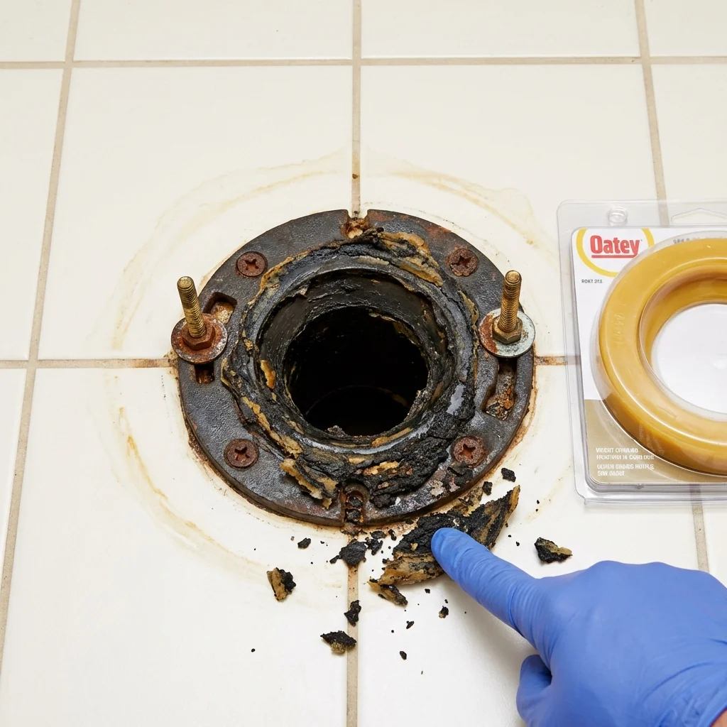 Failed wax ring showing water seepage at the base of a toilet in a Kewanee, IL home