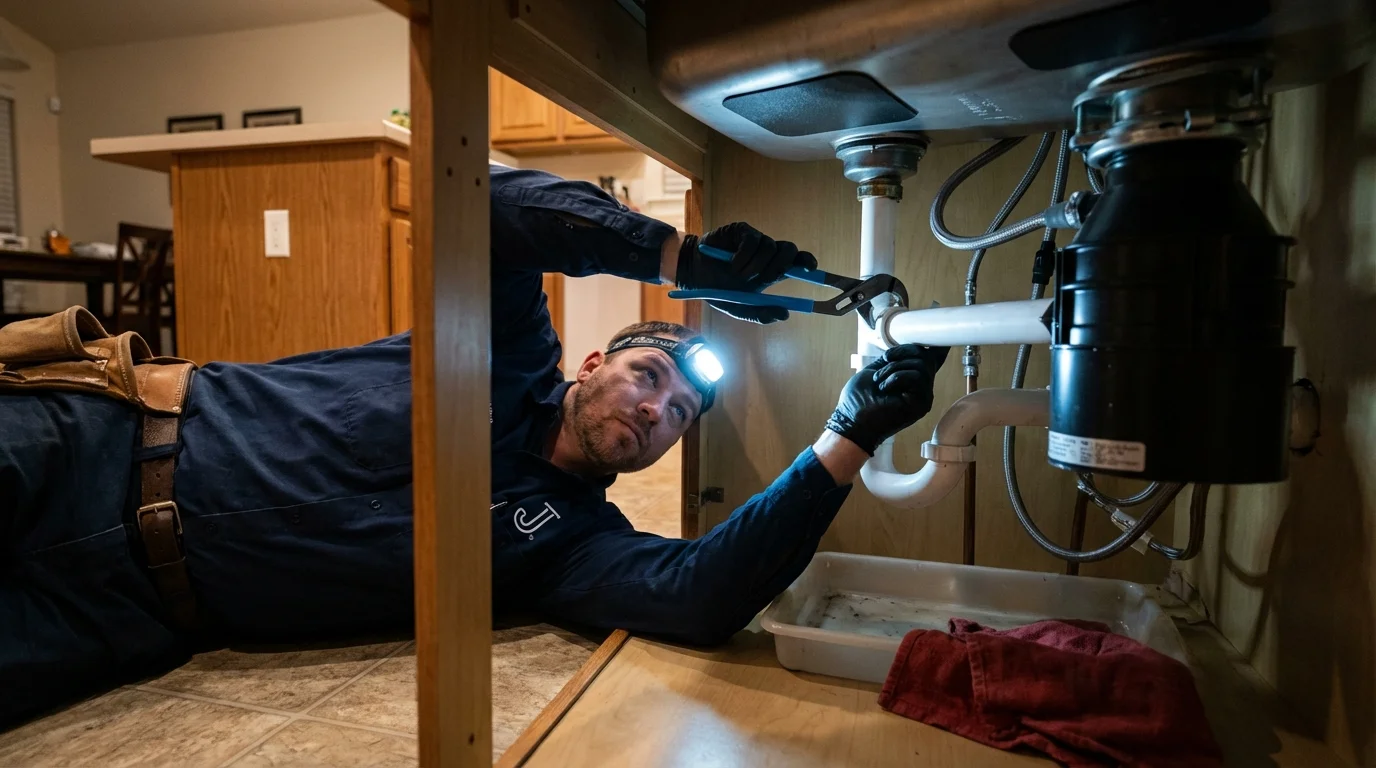 P-trap and supply line connections under a kitchen sink showing a common leak point in Kewanee, IL